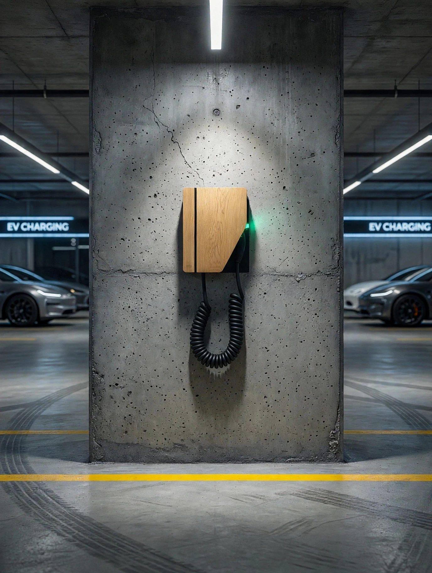 LUMA Wallbox AC zamontowany na betonowej ścianie w garażu podziemnym, z zieloną sygnalizacją LED